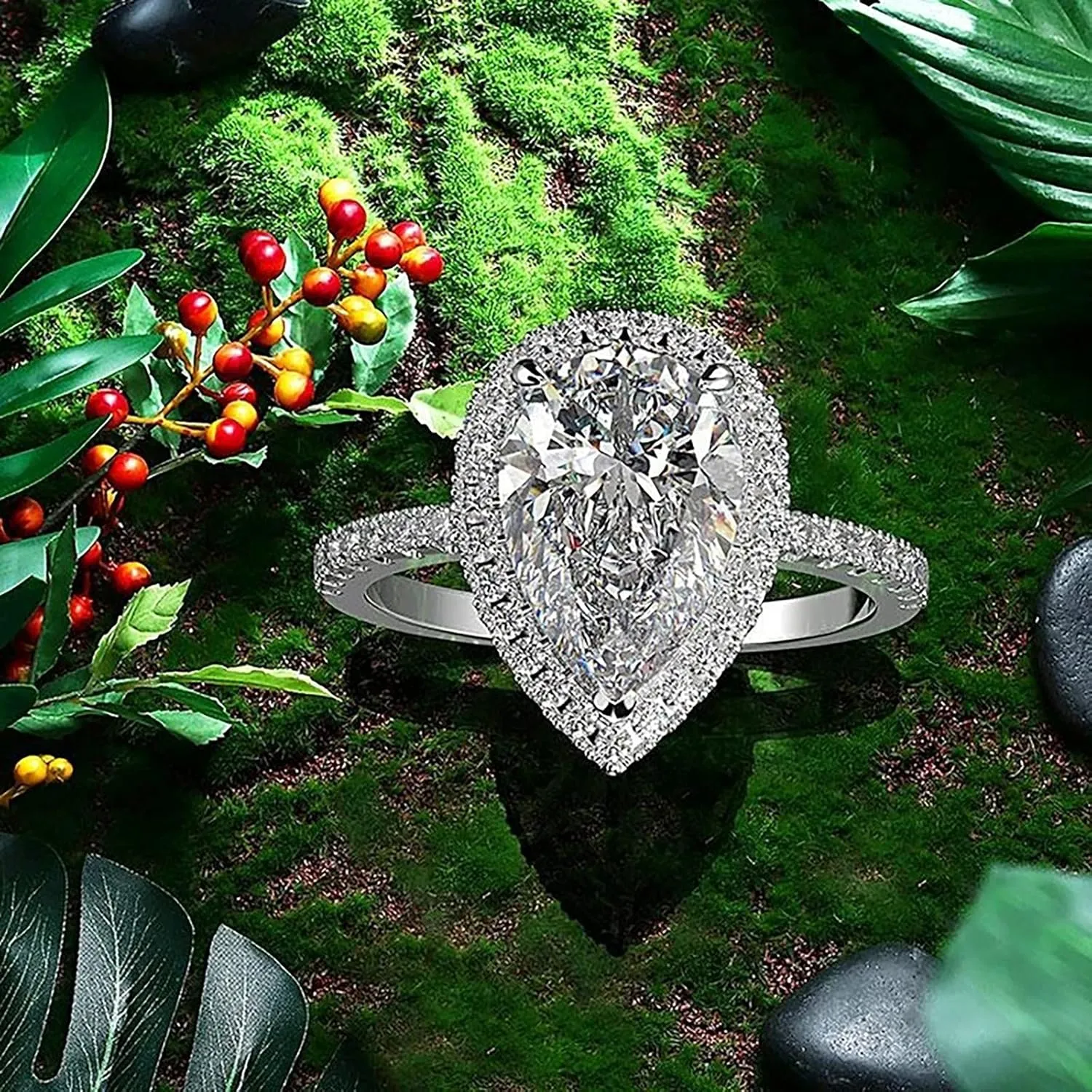 Pear Gemstone & Round Cubic Zirconia Ladies Solitaire Promise Bridal Teardrop Engagement Ring Set for Women