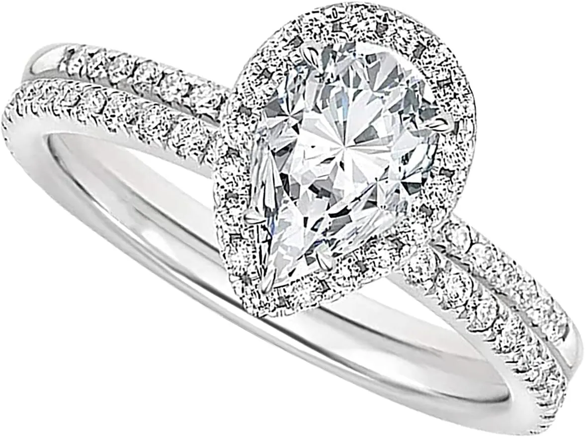 Pear Gemstone & Round Cubic Zirconia Ladies Solitaire Promise Bridal Teardrop Engagement Ring Set for Women