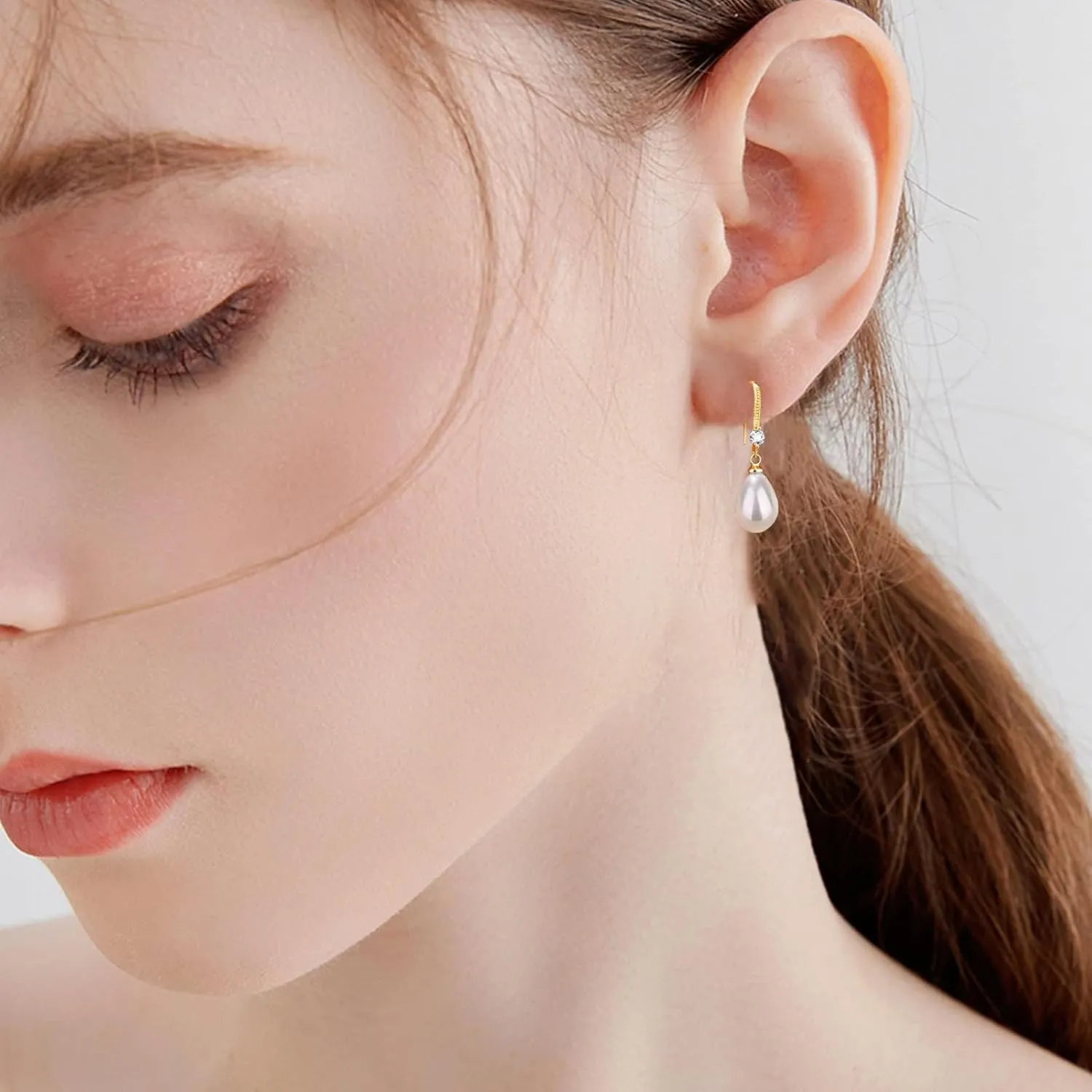 Pearl Drop Earrings for Women,Gold Plated Sterling Silver Pearl Dangle Earrings Wedding Birthday Party Jewelry Accessory Gift