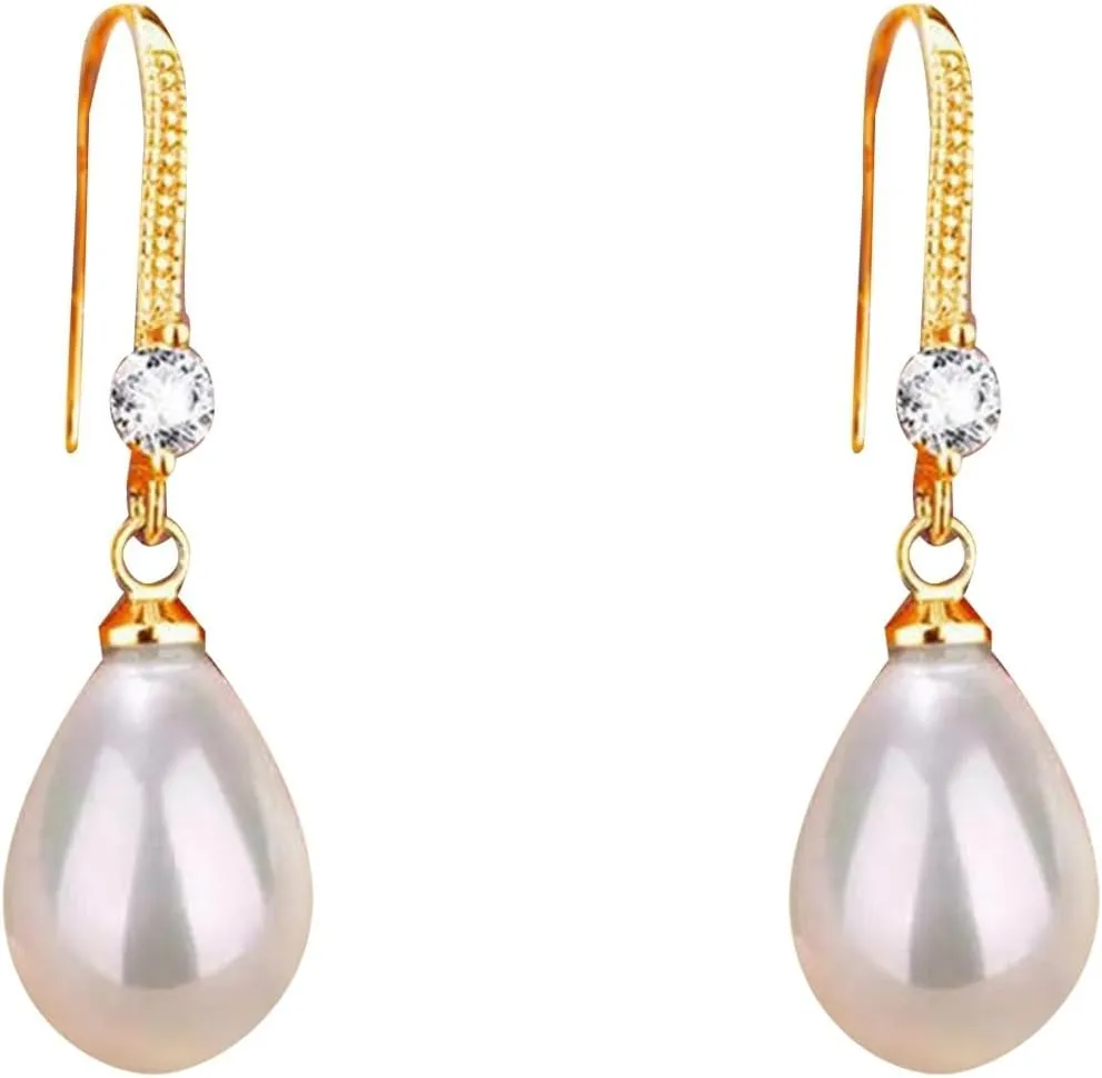 Pearl Drop Earrings for Women,Gold Plated Sterling Silver Pearl Dangle Earrings Wedding Birthday Party Jewelry Accessory Gift
