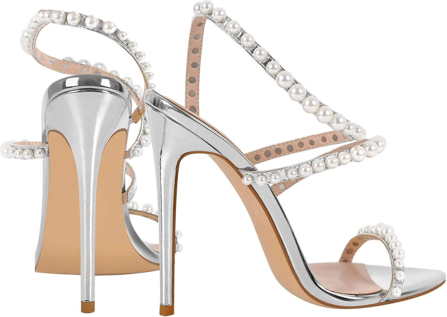 Pearls Stiletto High Heels Pointed Toe Heeled Sandals Strappy Heels Women Sexy Sandals Dressy Shoes