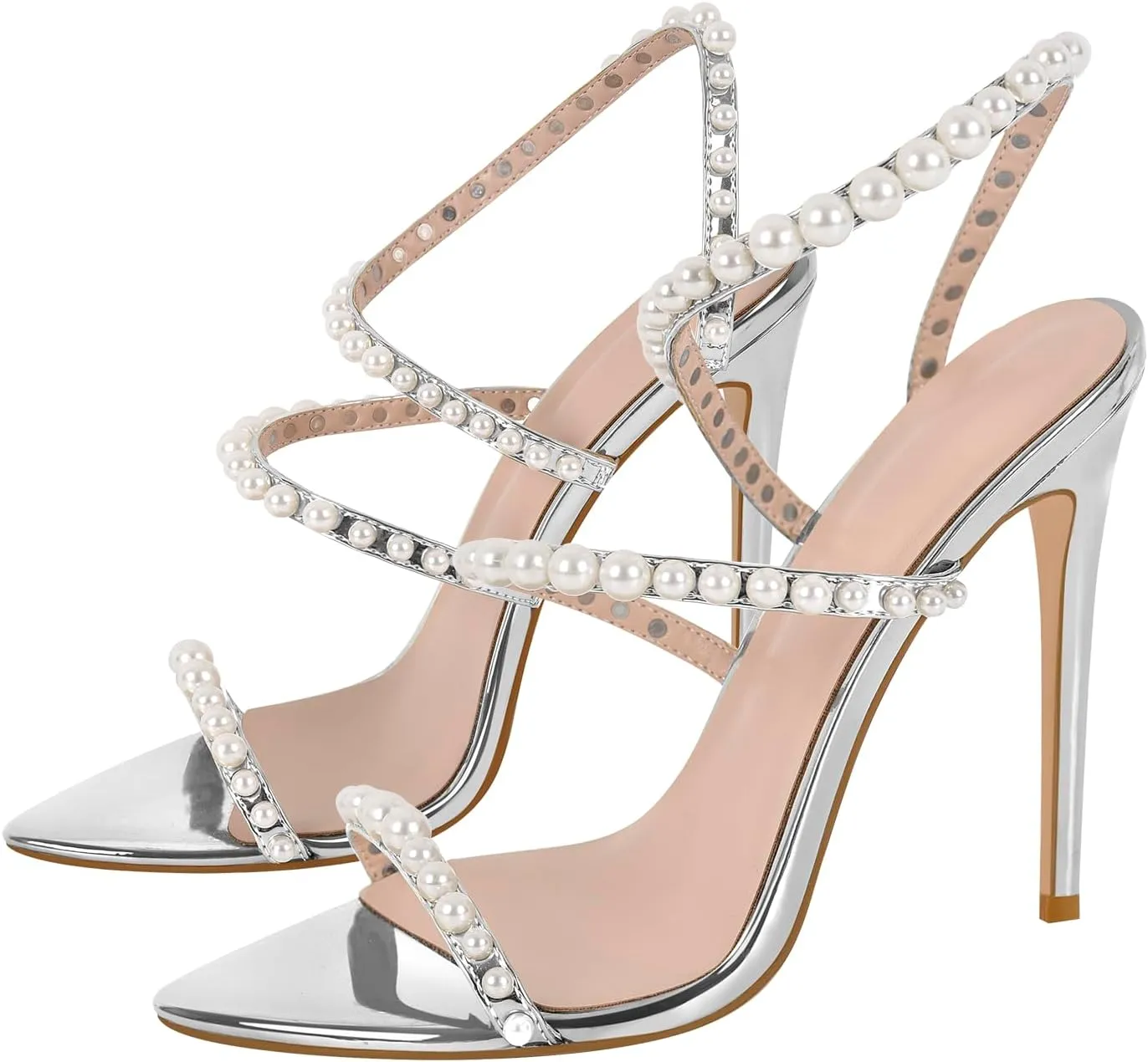 Pearls Stiletto High Heels Pointed Toe Heeled Sandals Strappy Heels Women Sexy Sandals Dressy Shoes