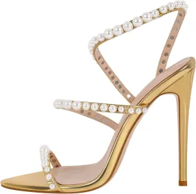 Pearls Stiletto High Heels Pointed Toe Heeled Sandals Strappy Heels Women Sexy Sandals Dressy Shoes