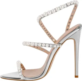 Pearls Stiletto High Heels Pointed Toe Heeled Sandals Strappy Heels Women Sexy Sandals Dressy Shoes