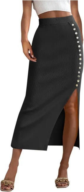 Pencil Skirt for Women Rib Knit Midi Skirt with Split High Waisted Bodycon Skirt Stretch Long Skirt Business Skirts