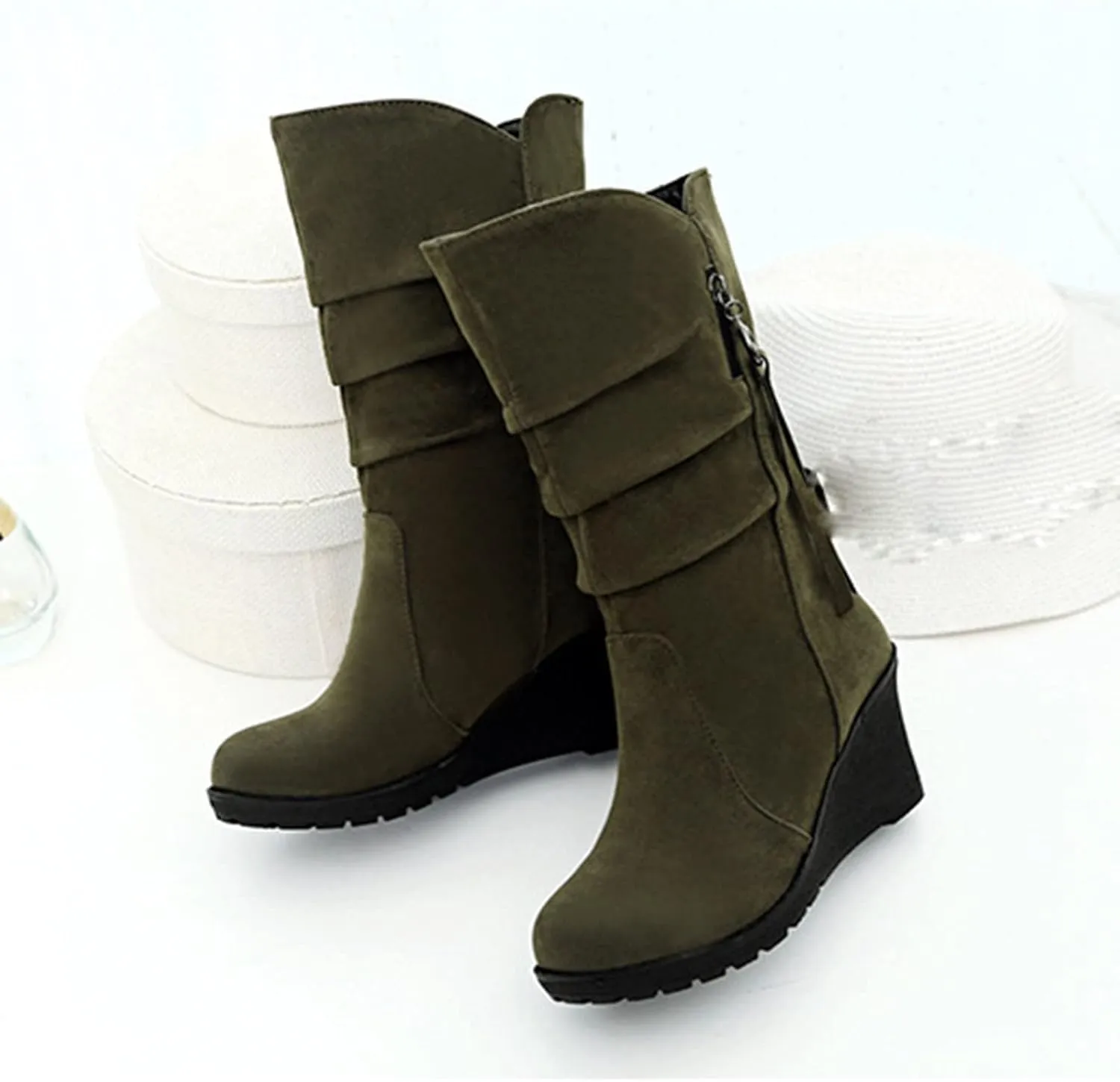 peqiut Knee High Boots Women Casual Wedge Heel Side Zipper Cowboy Boots for Women Solid Color Fashion Womens Boots