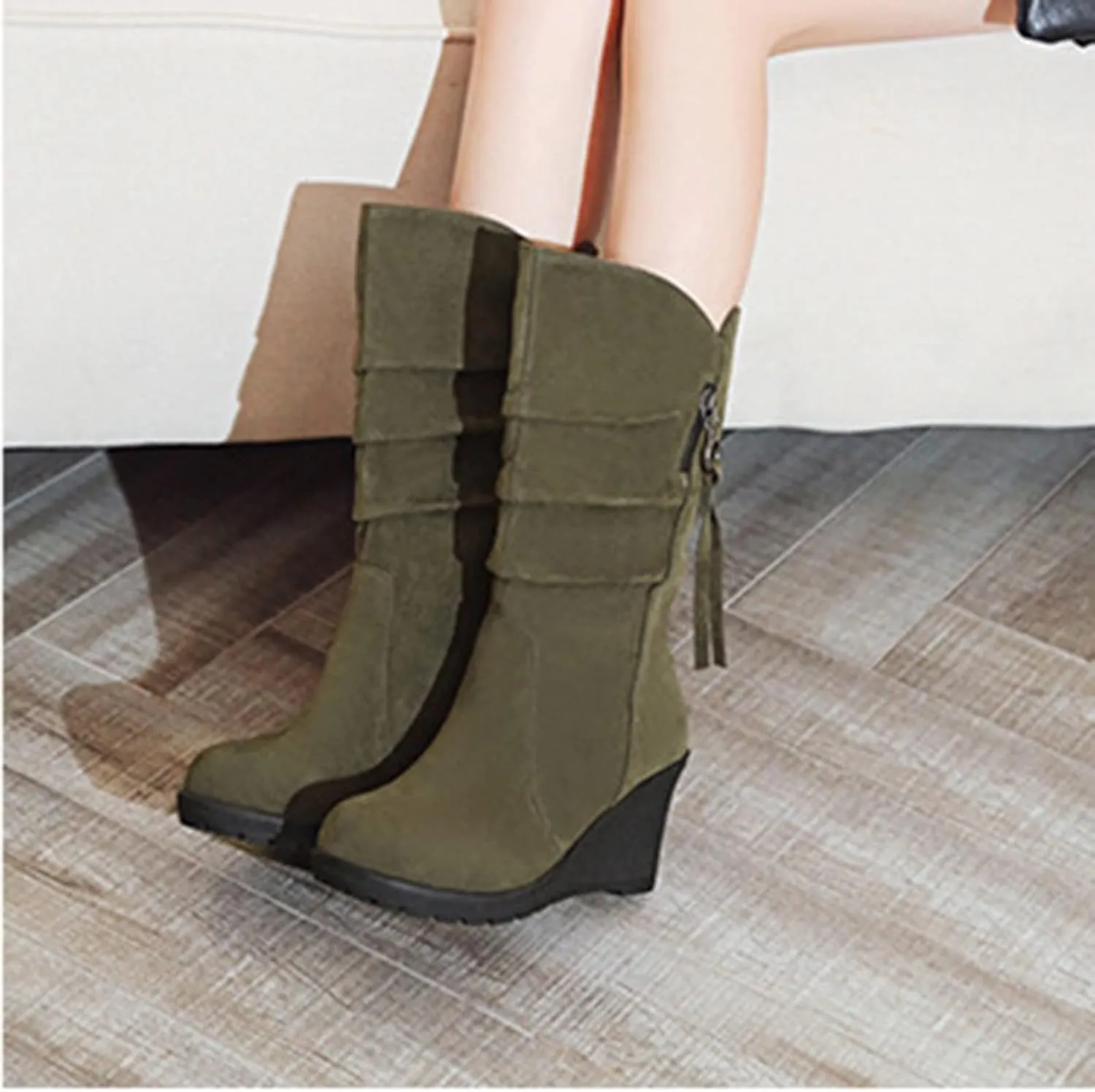 peqiut Knee High Boots Women Casual Wedge Heel Side Zipper Cowboy Boots for Women Solid Color Fashion Womens Boots