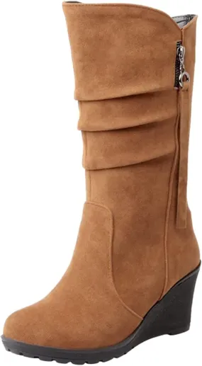 peqiut Knee High Boots Women Casual Wedge Heel Side Zipper Cowboy Boots for Women Solid Color Fashion Womens Boots