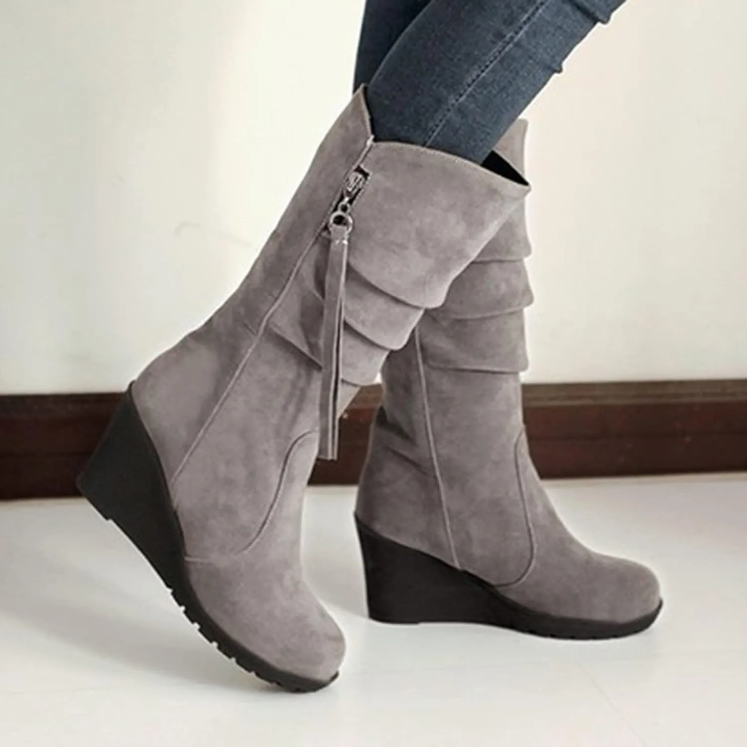 peqiut Knee High Boots Women Casual Wedge Heel Side Zipper Cowboy Boots for Women Solid Color Fashion Womens Boots
