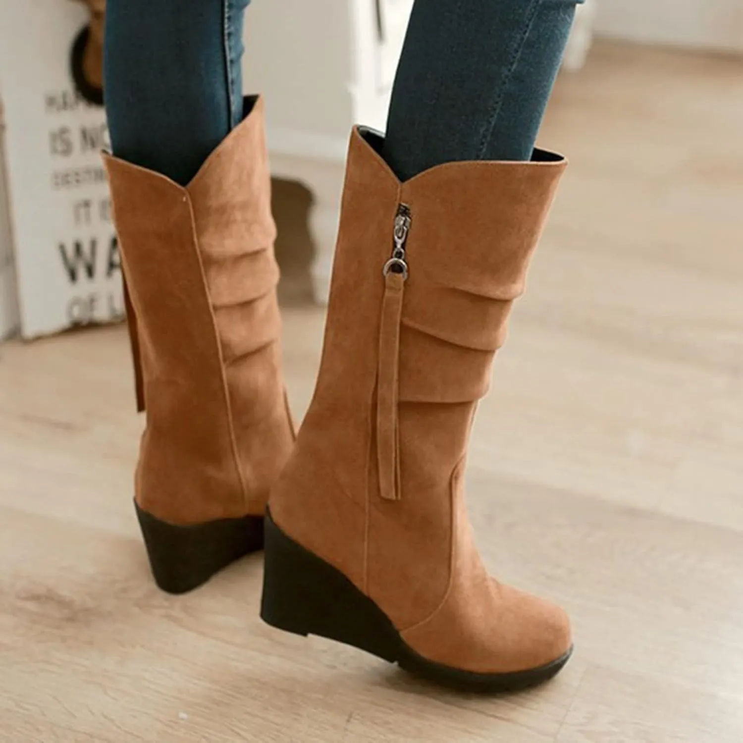 peqiut Knee High Boots Women Casual Wedge Heel Side Zipper Cowboy Boots for Women Solid Color Fashion Womens Boots