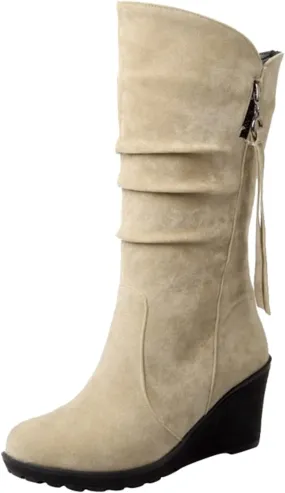 peqiut Knee High Boots Women Casual Wedge Heel Side Zipper Cowboy Boots for Women Solid Color Fashion Womens Boots