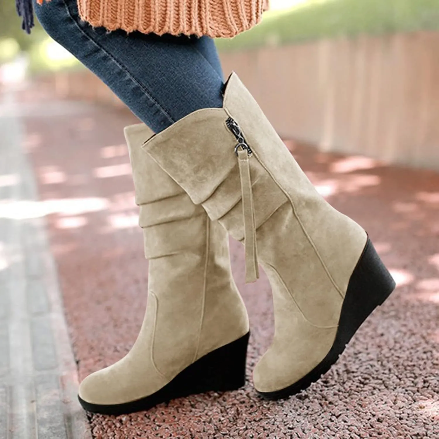 peqiut Knee High Boots Women Casual Wedge Heel Side Zipper Cowboy Boots for Women Solid Color Fashion Womens Boots