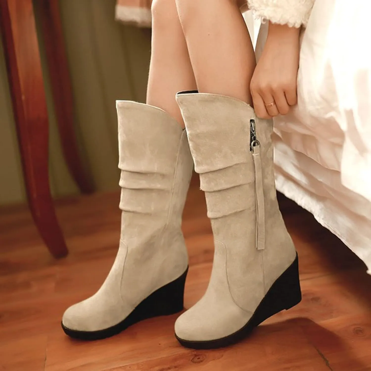 peqiut Knee High Boots Women Casual Wedge Heel Side Zipper Cowboy Boots for Women Solid Color Fashion Womens Boots