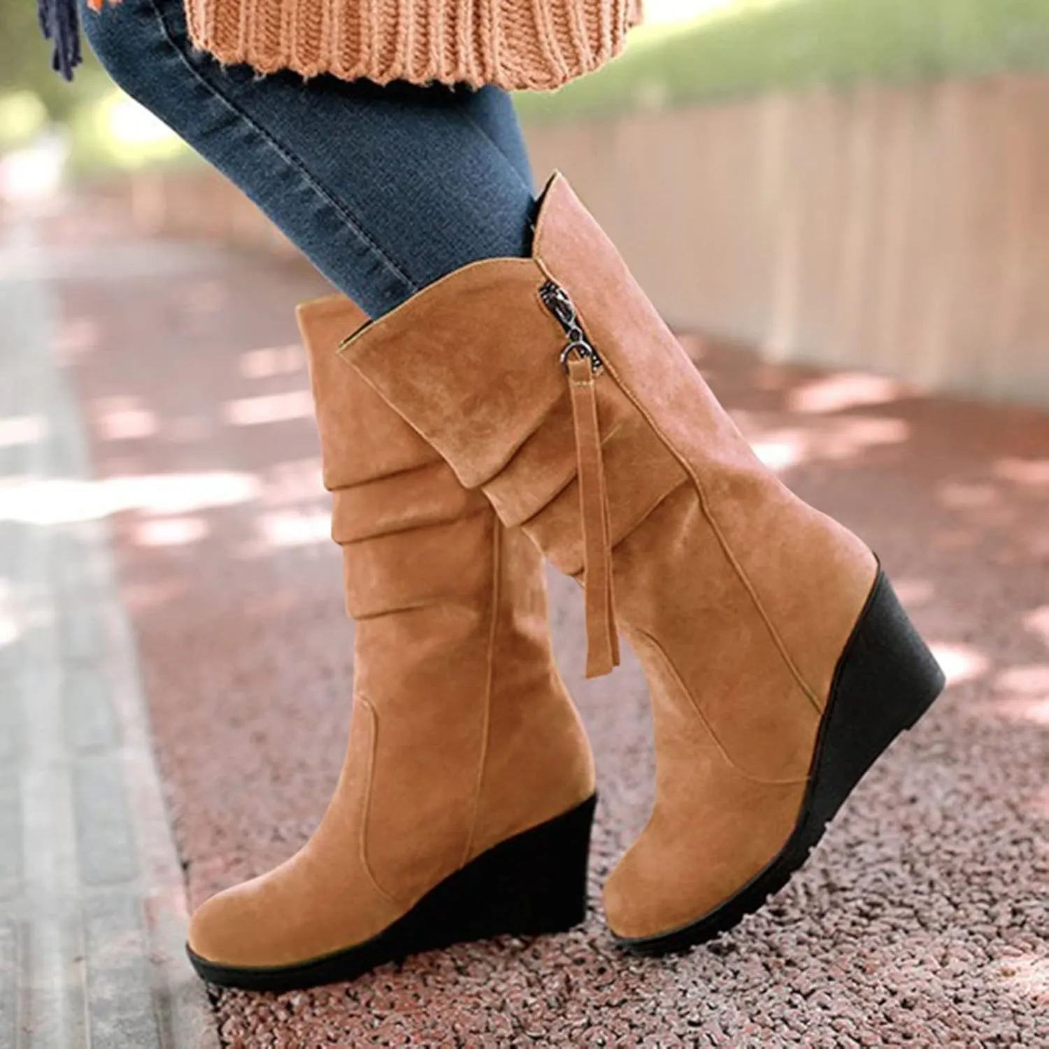 peqiut Knee High Boots Women Casual Wedge Heel Side Zipper Cowboy Boots for Women Solid Color Fashion Womens Boots