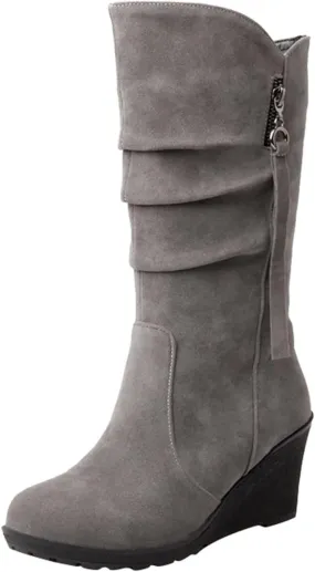 peqiut Knee High Boots Women Casual Wedge Heel Side Zipper Cowboy Boots for Women Solid Color Fashion Womens Boots
