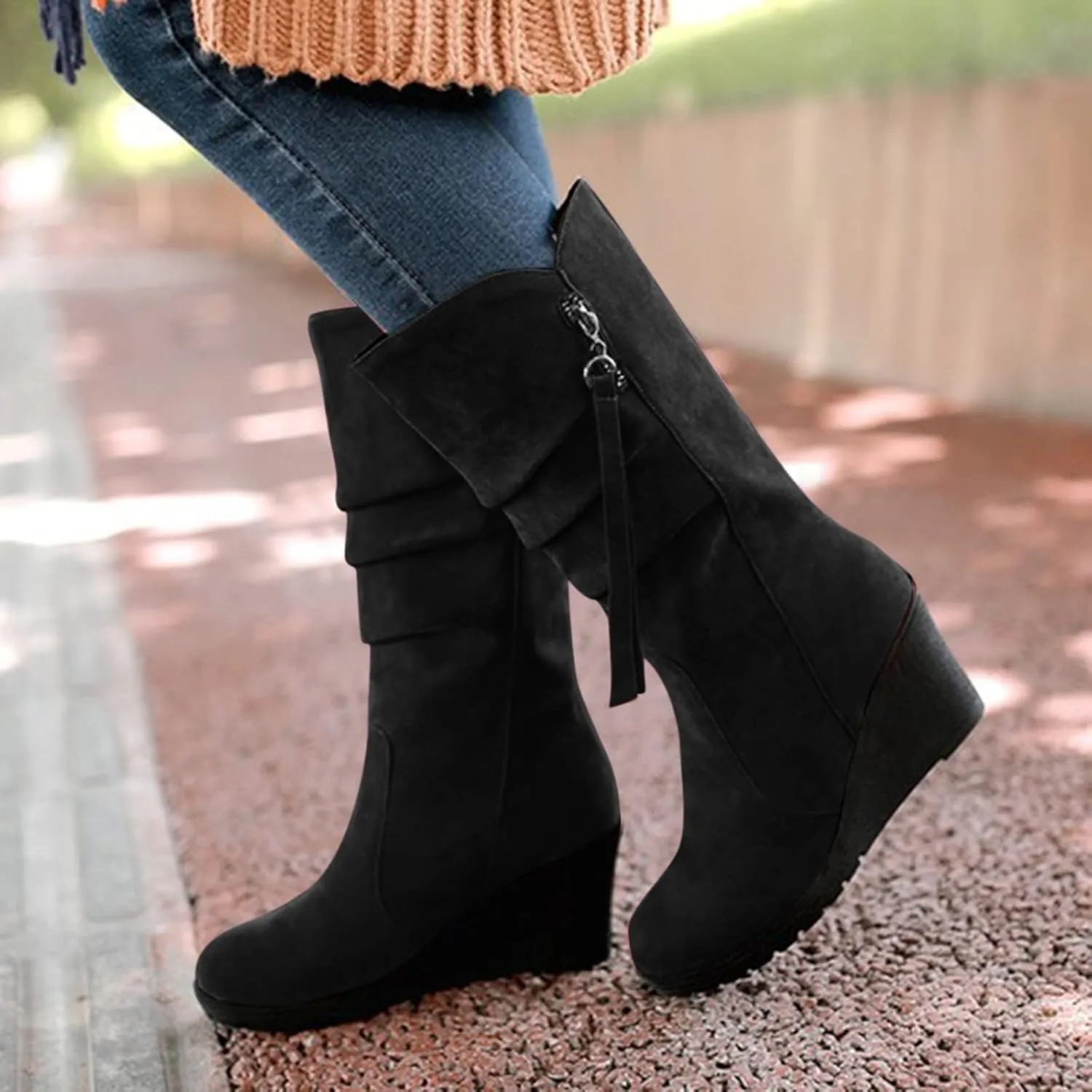 peqiut Knee High Boots Women Casual Wedge Heel Side Zipper Cowboy Boots for Women Solid Color Fashion Womens Boots