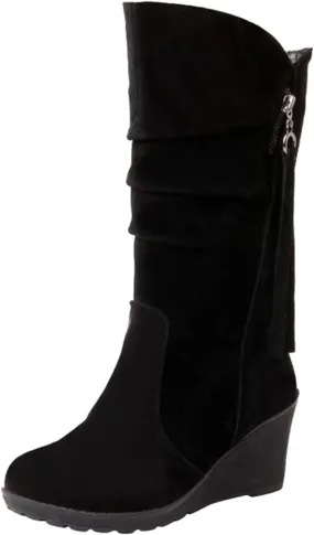 peqiut Knee High Boots Women Casual Wedge Heel Side Zipper Cowboy Boots for Women Solid Color Fashion Womens Boots