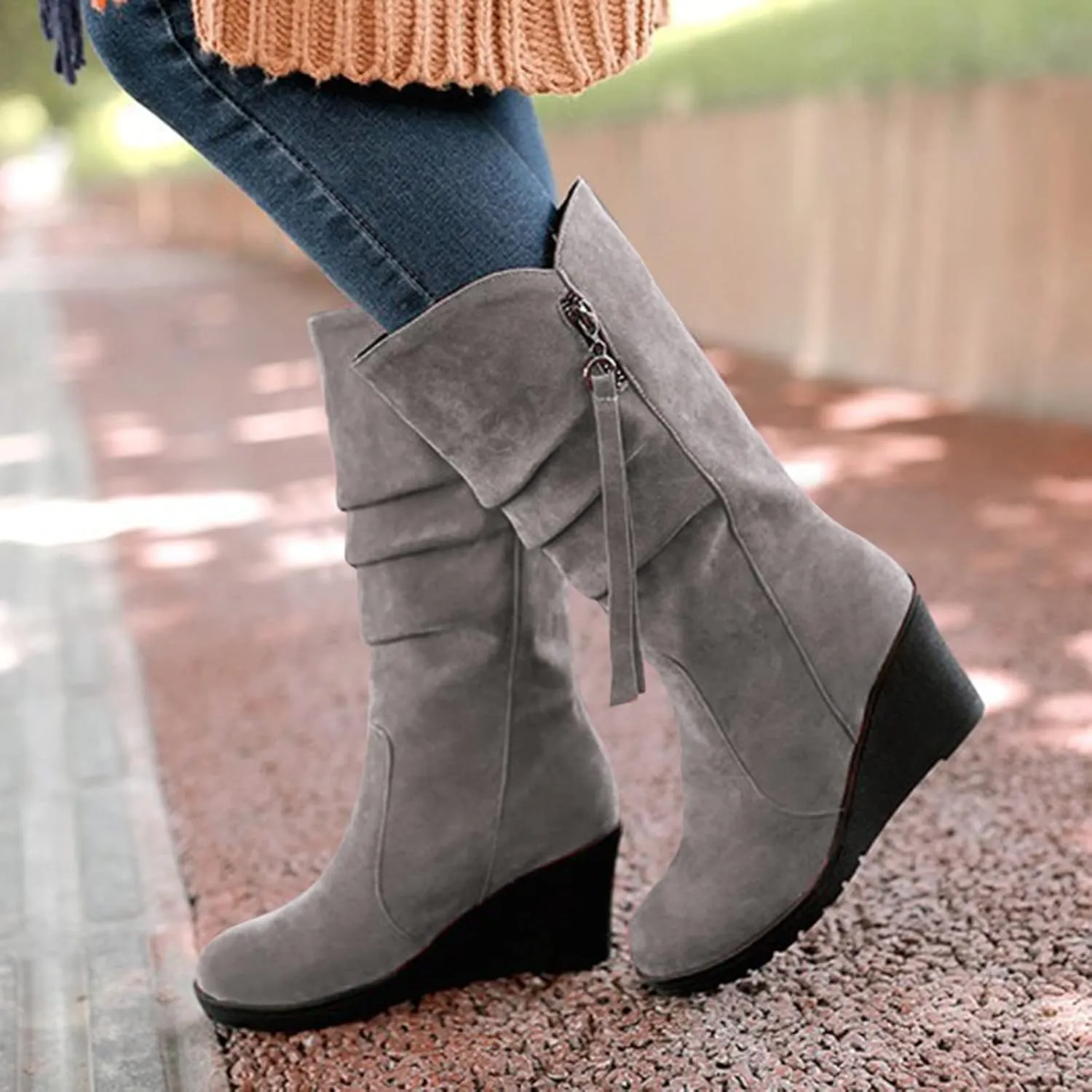 peqiut Knee High Boots Women Casual Wedge Heel Side Zipper Cowboy Boots for Women Solid Color Fashion Womens Boots