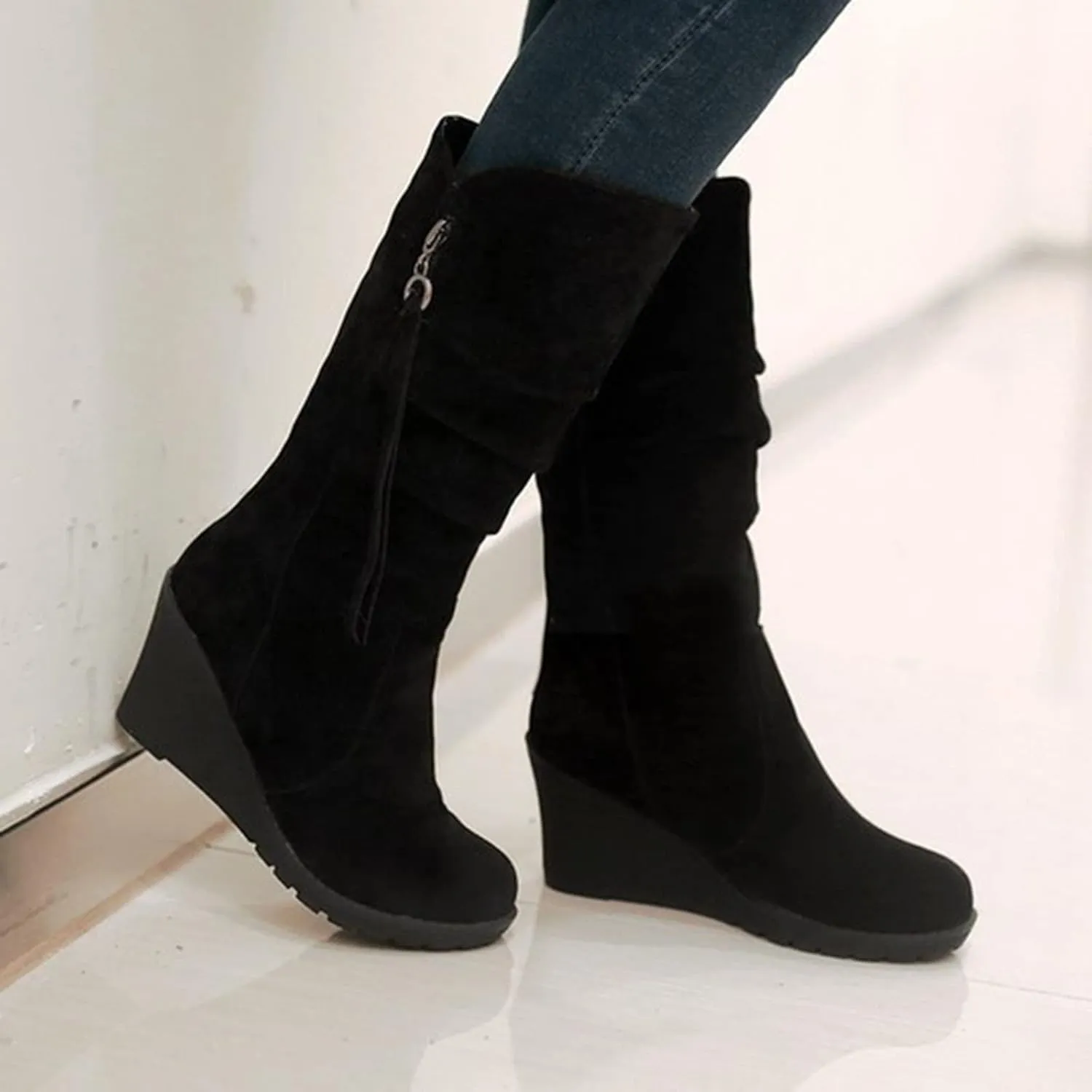 peqiut Knee High Boots Women Casual Wedge Heel Side Zipper Cowboy Boots for Women Solid Color Fashion Womens Boots