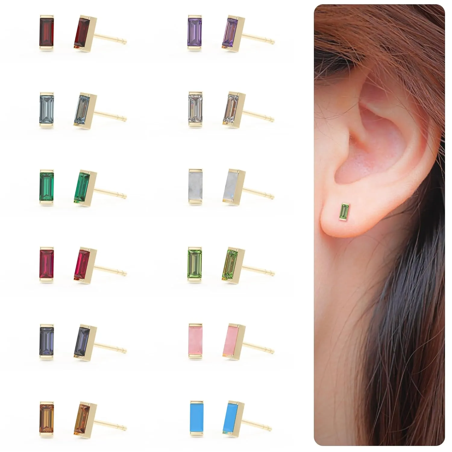 Peridot Stud Earrings for Women, Rectangle Stud Earrings - Hypoallergenic 18K Gold Stud Earrings, Genuine 925 Sterling Silver - August Birthstone Mothers Day Gifts (6.5mm Rectangle)