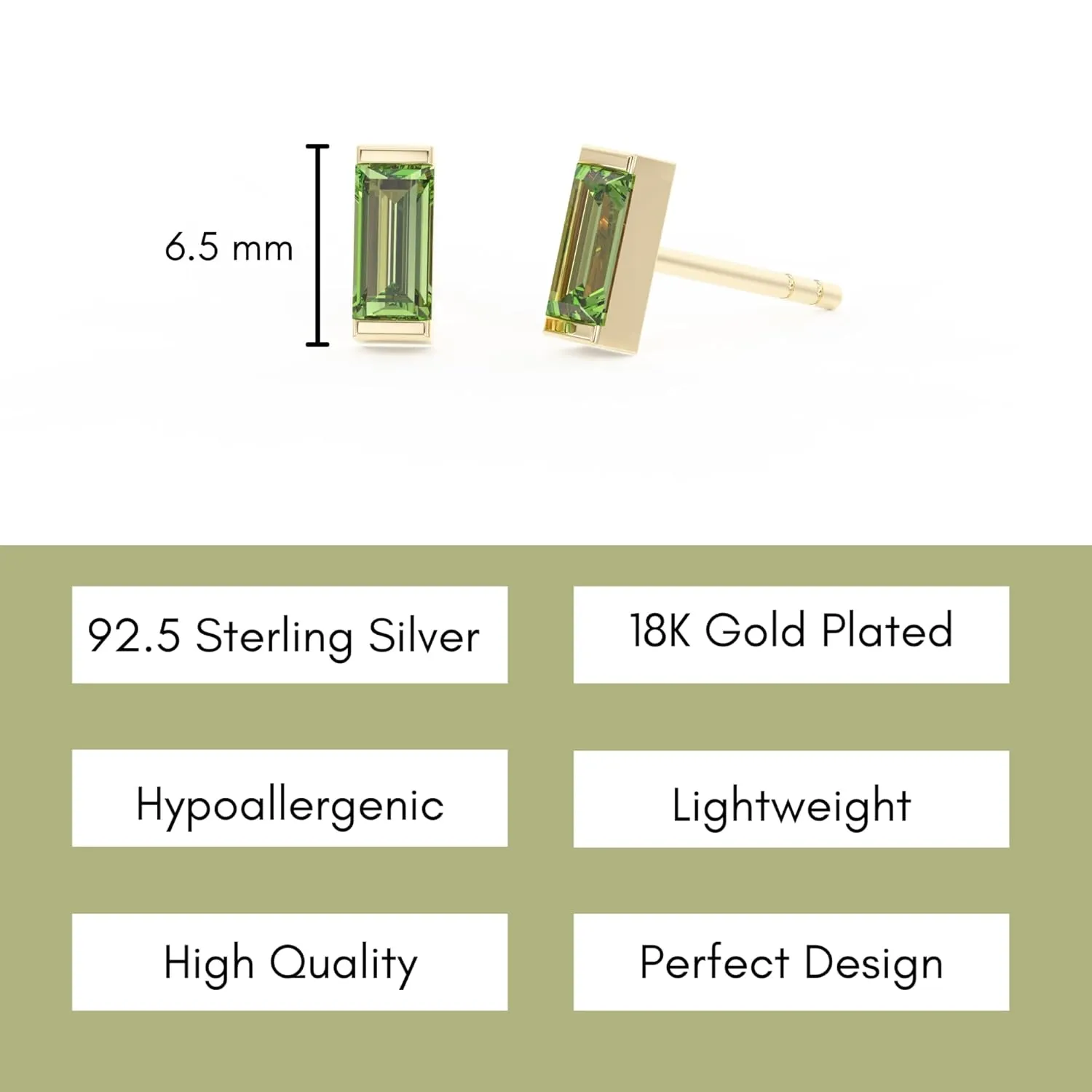 Peridot Stud Earrings for Women, Rectangle Stud Earrings - Hypoallergenic 18K Gold Stud Earrings, Genuine 925 Sterling Silver - August Birthstone Mothers Day Gifts (6.5mm Rectangle)