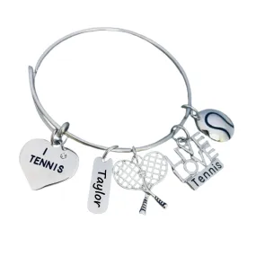 Personalized Tennis Bangle Bracelet with Engraved Name Charm, Tennis Jewelry, Tennis Racket Charm Bracelet - Perfect Tennis Gifts