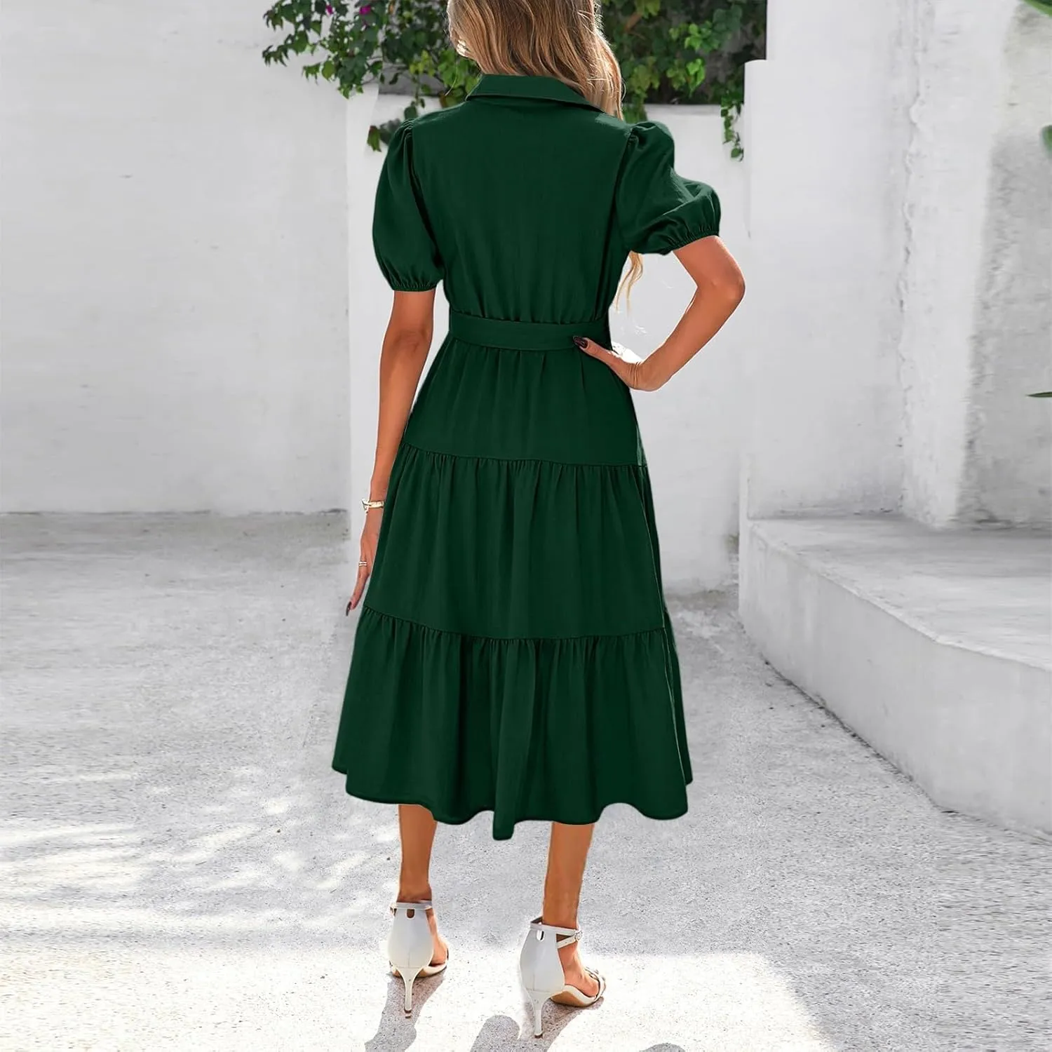 PETYCZEN Summer Dresses for Women 2025 Casual Tiered Dress Short Sleeve Button Down Belted Maxi Dress A Line Flowy Sundresses