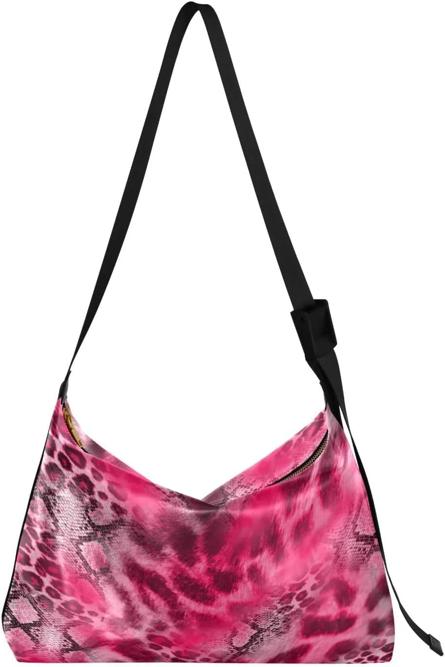 Pink Leopard Hobo Crossbody Bags for Women Leather Large Shoulder Bag Cross Body Trendy Womens Tote Bags Handbag for Travel Shopping