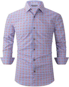 Plaid Shirt Men Mens Button Down Shirts Wrinkle Free 4-Way Stretch Print Business Casual Dress M-2XL