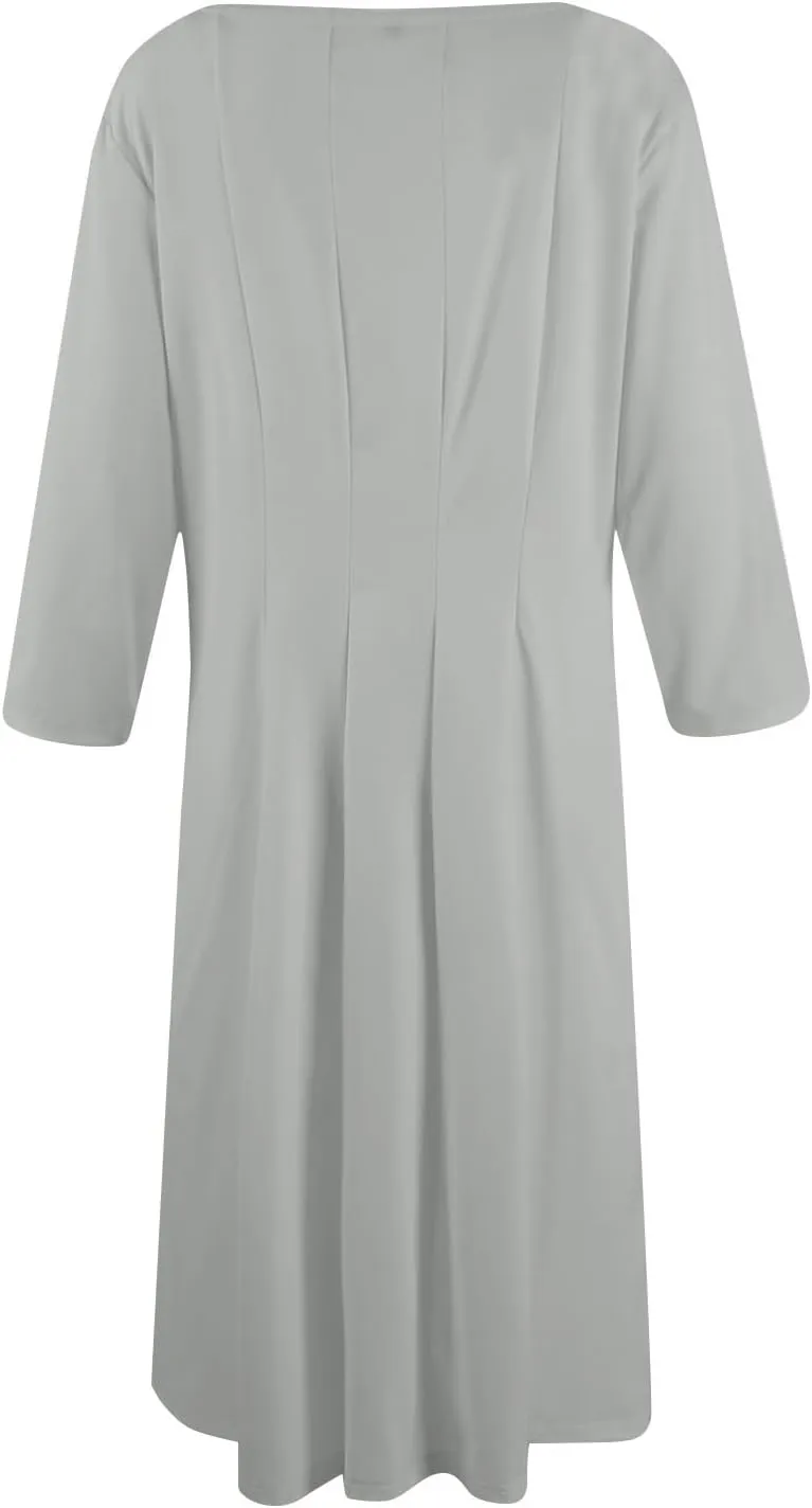 Pleated Dress for Women Fall 3/4 Sleeve Dress Casual Crewneck Midi Dress Solid Color A Line Dresses with Pocket