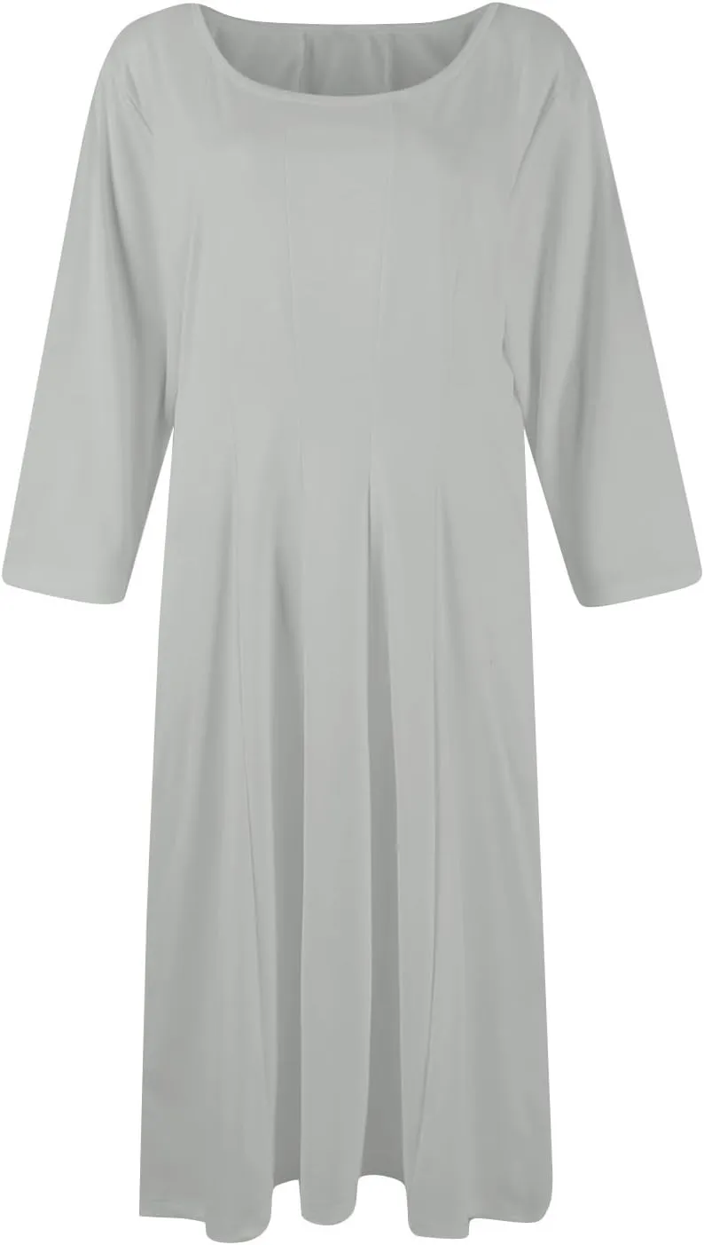 Pleated Dress for Women Fall 3/4 Sleeve Dress Casual Crewneck Midi Dress Solid Color A Line Dresses with Pocket