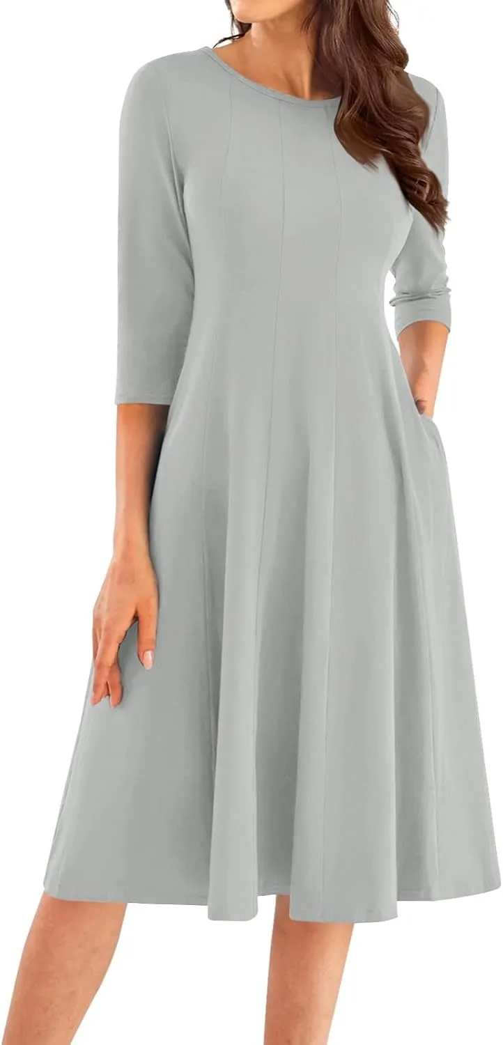 Pleated Dress for Women Fall 3/4 Sleeve Dress Casual Crewneck Midi Dress Solid Color A Line Dresses with Pocket