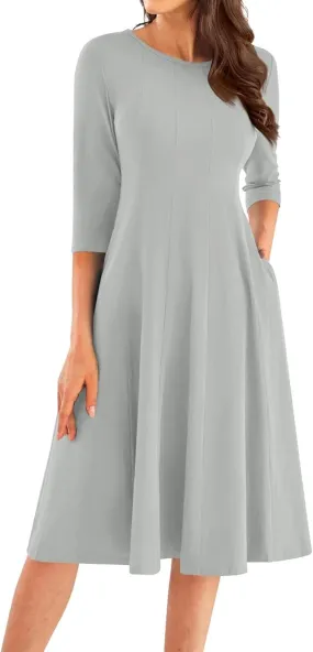 Pleated Dress for Women Fall 3/4 Sleeve Dress Casual Crewneck Midi Dress Solid Color A Line Dresses with Pocket
