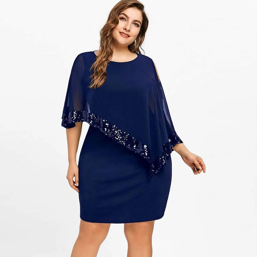 Plus Size Cape Dresses for Women with Metallic Trim Chiffon Overlay Bodycon Pencil Dress Wedding Cocktail Party Dress