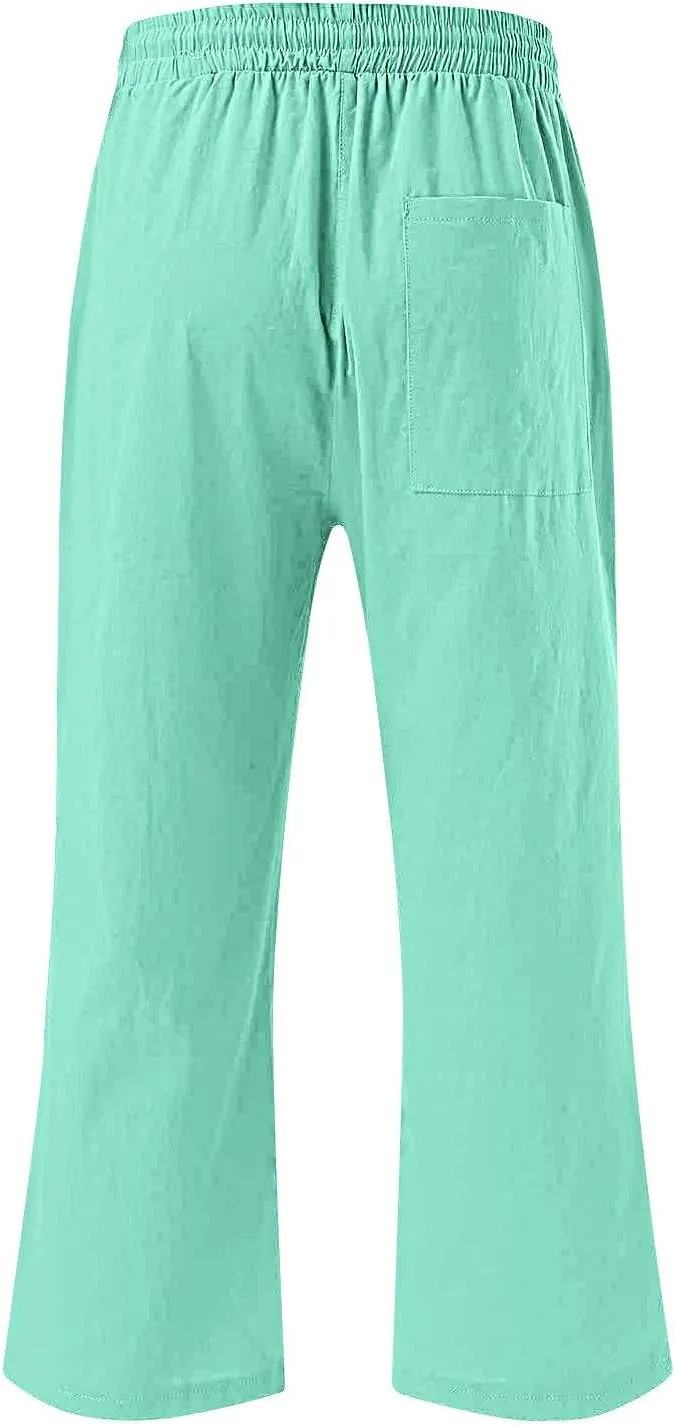 Plus Size Cotton Linen Capri Pants for Women 2025 Summer Drawstring Elastic High Waist Pants Wide Leg Lounge Capris