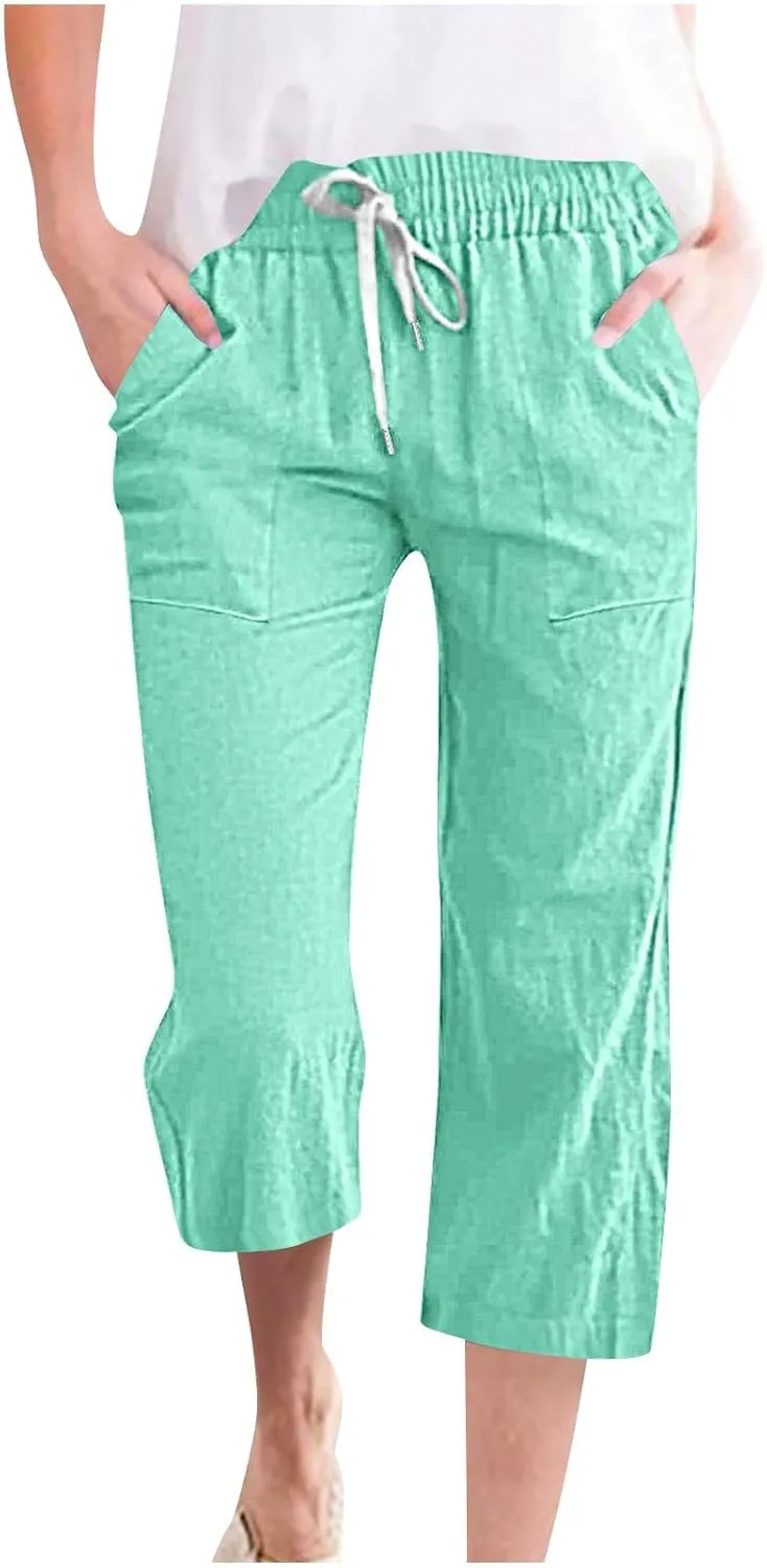 Plus Size Cotton Linen Capri Pants for Women 2025 Summer Drawstring Elastic High Waist Pants Wide Leg Lounge Capris