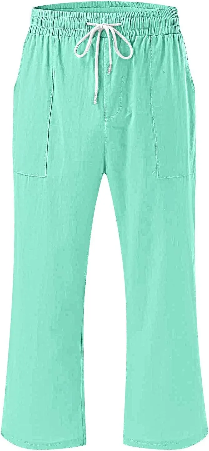 Plus Size Cotton Linen Capri Pants for Women 2025 Summer Drawstring Elastic High Waist Pants Wide Leg Lounge Capris