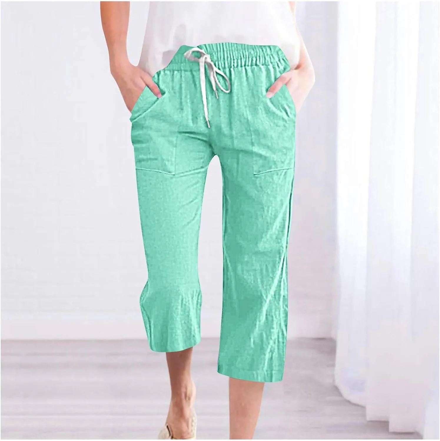 Plus Size Cotton Linen Capri Pants for Women 2025 Summer Drawstring Elastic High Waist Pants Wide Leg Lounge Capris