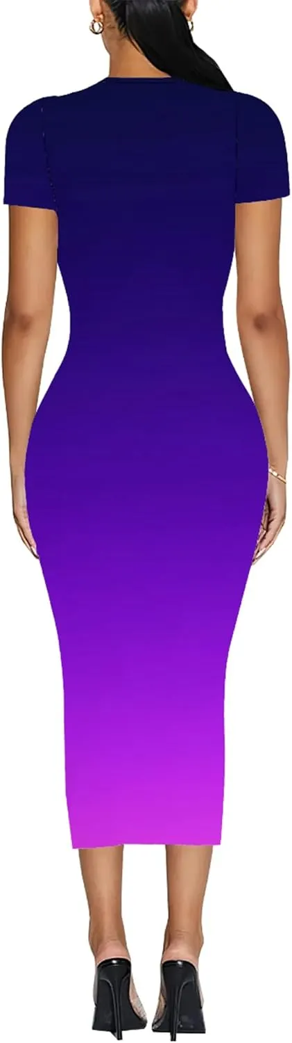 Plus Size Dress for Women Summer Casual Short Sleeve Midi Club Party Fitted Tight Dresses Basic Pencil Midi Bodycon Dress