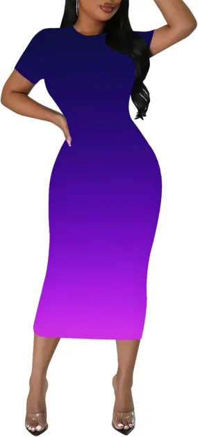 Plus Size Dress for Women Summer Casual Short Sleeve Midi Club Party Fitted Tight Dresses Basic Pencil Midi Bodycon Dress