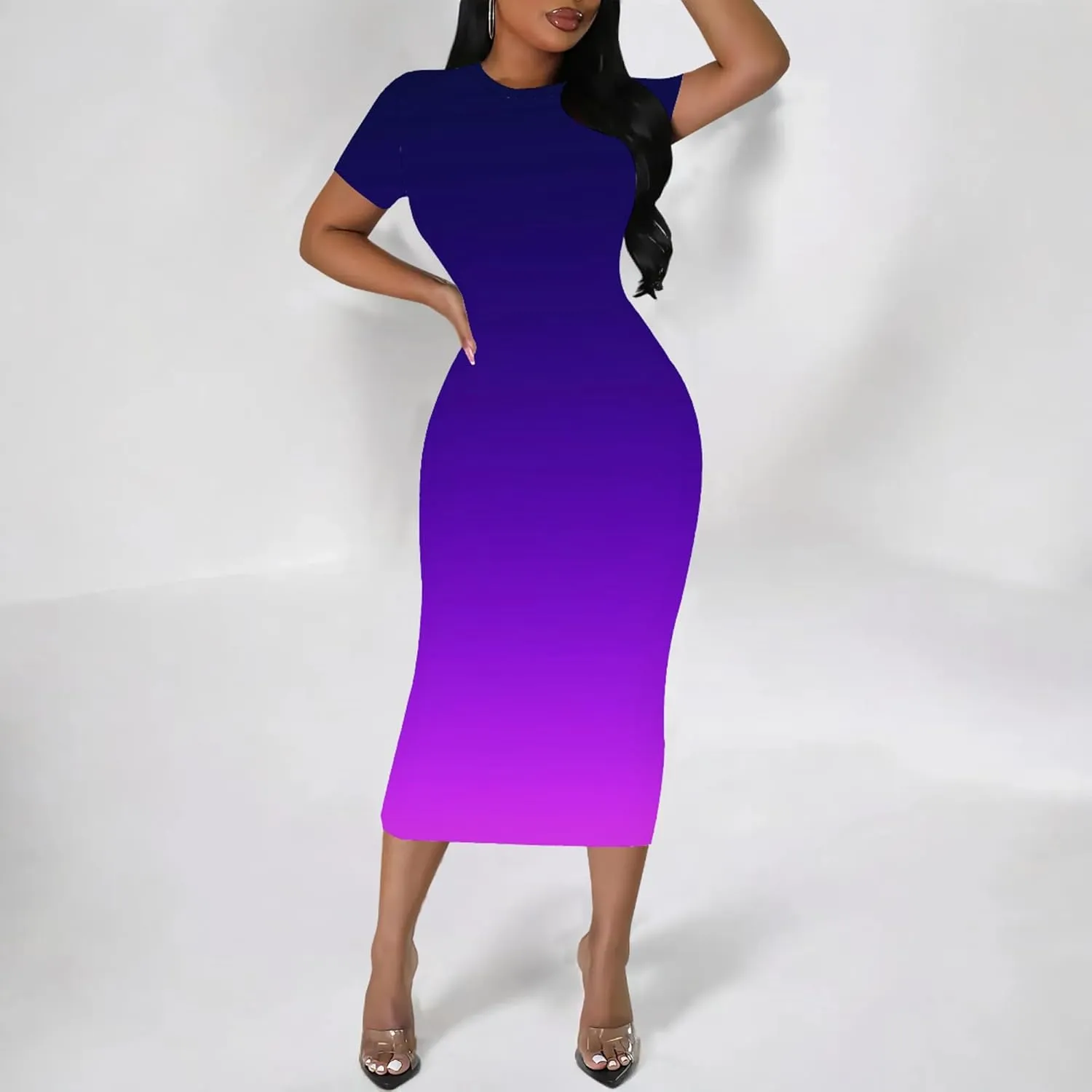 Plus Size Dress for Women Summer Casual Short Sleeve Midi Club Party Fitted Tight Dresses Basic Pencil Midi Bodycon Dress