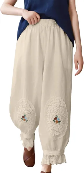 Plus Size Lace Pants Womens Linen Lightweight Pants Track Joggers Pants Baggy Harem Pants Flower Printting Pants