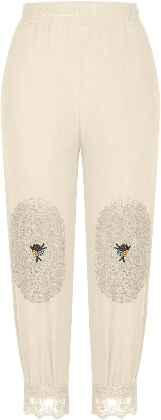 Plus Size Lace Pants Womens Linen Lightweight Pants Track Joggers Pants Baggy Harem Pants Flower Printting Pants