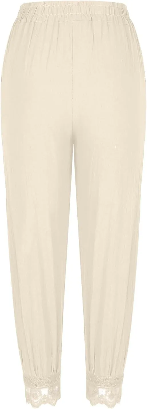 Plus Size Lace Pants Womens Linen Lightweight Pants Track Joggers Pants Baggy Harem Pants Flower Printting Pants