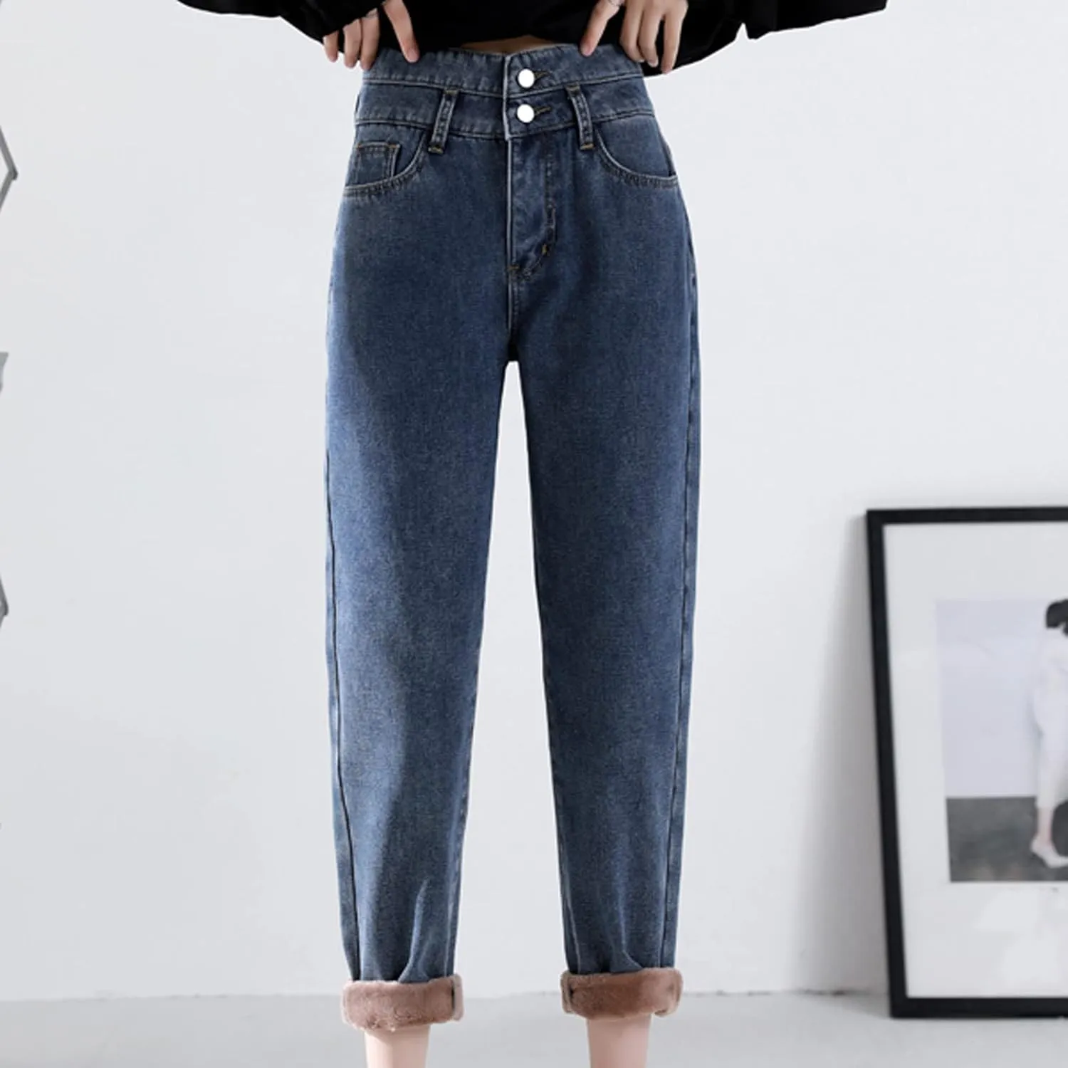 Plush Warm Loose Thickened Jeans Haren Pants Straight High Waist Women's Women's Jeans Jean Jumpsuits Women Pants