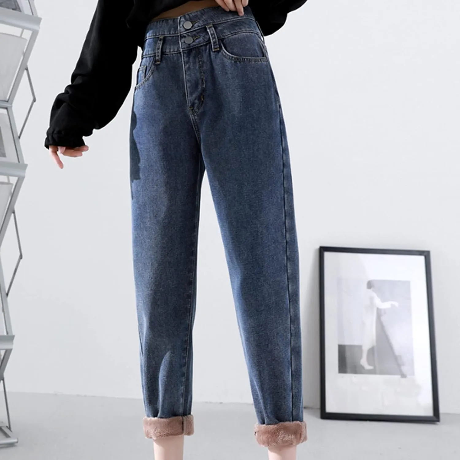 Plush Warm Loose Thickened Jeans Haren Pants Straight High Waist Women's Women's Jeans Jean Jumpsuits Women Pants