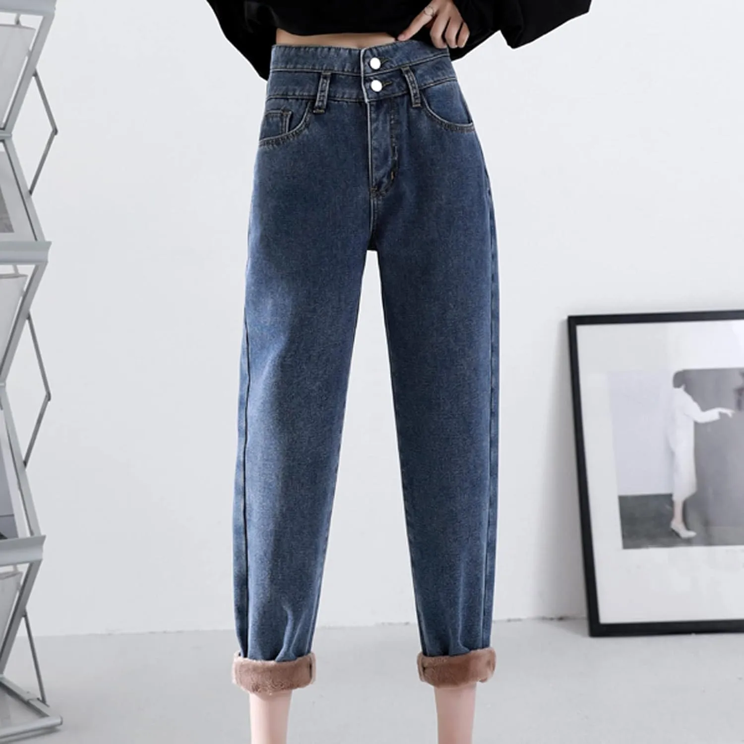 Plush Warm Loose Thickened Jeans Haren Pants Straight High Waist Women's Women's Jeans Jean Jumpsuits Women Pants