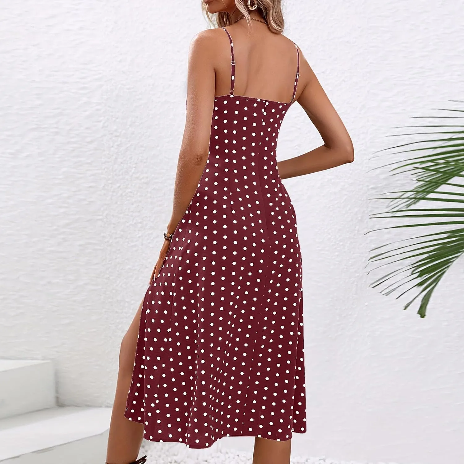 Polka Dot Dress for Women Spaghetti Strap Sleeveless Summer Cocktail Dress Casual Side Split Midi Dresses Beach Sundress