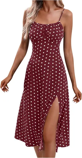 Polka Dot Dress for Women Spaghetti Strap Sleeveless Summer Cocktail Dress Casual Side Split Midi Dresses Beach Sundress