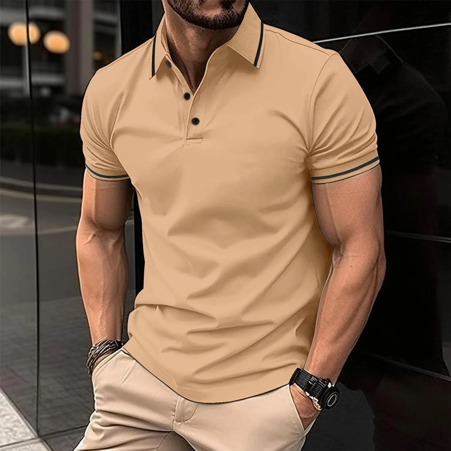 Polo Shirts for Men Summer Slim Fit Short Sleeve T-shirt Business Casual Button Up Top Dressy Solid Lapel Tee Blouse
